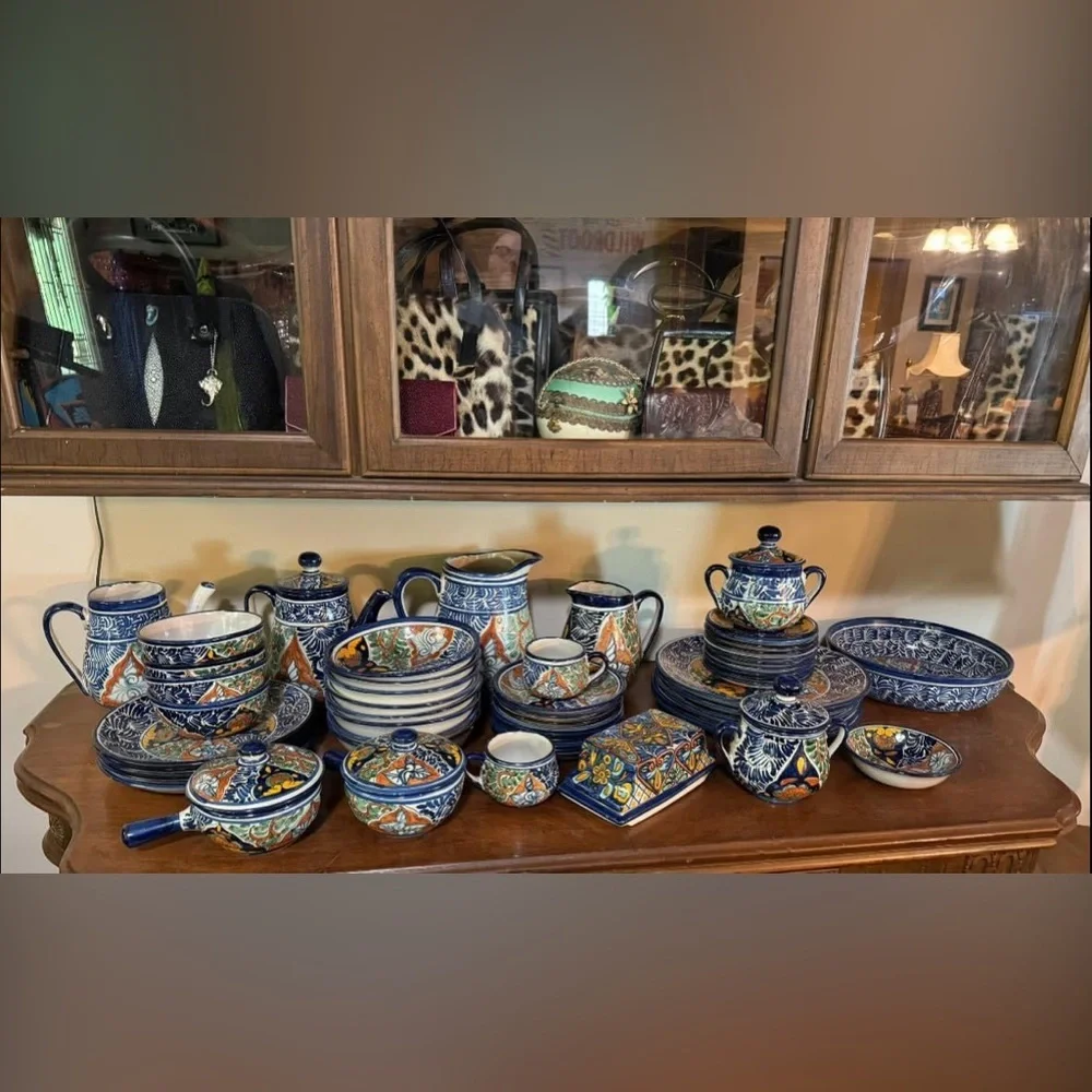 Vintage 70s Mexican Talavera by Vazquez Teapot Teacup and Saucer and Sugar Set